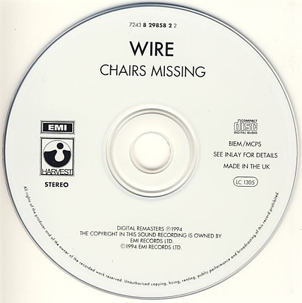 Image of Label Cover of CD - VG+/VG - WIRE, Chairs Missing (Harvest; 7243 8 29858 2 2, Europe 1994 Reissue, Jewel Case), ,  - 3816604C
