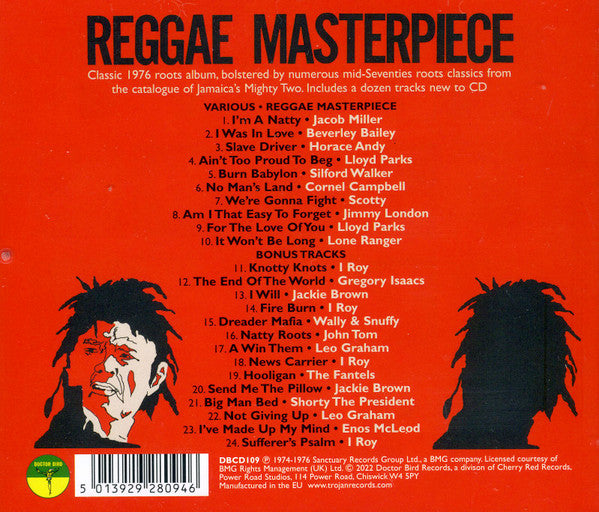 Image of Back Cover of 2134114E: CD - VARIOUS, Reggae Masterpiece (Doctor Bird; DBCD109, UK 1978, Jewel Case) small tear on corners of inner booklet  VG+/VG+