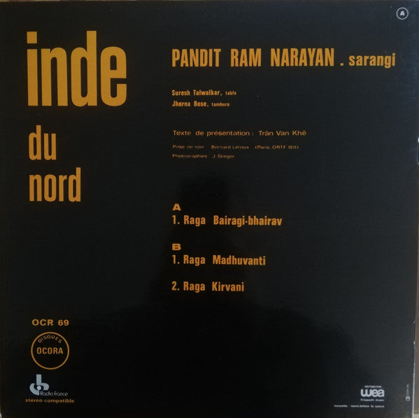 Image of Back Cover of 4644175S: LP - PANDIT RAM NARAYAN, Inde Du Nord (Ocora; OCR 69, France , Gatefold, Insert) Light mottling.   VG+/VG