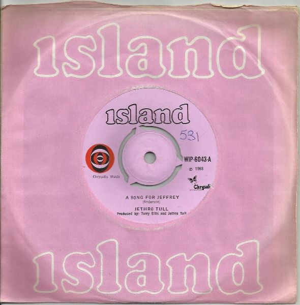 Image of Label Cover of 7" - G+/G - JETHRO TULL, A Song for Jeffrey / One for John Gee (Island Pink/Orange And Black Eye Logo; WIP6043, UK 1968, Company Sleeve, 3-Prong Centre), Centre Intact, Worn company sleeve, Mostly intact, Light marks and hairlines to disc. ,  - 2716104C
