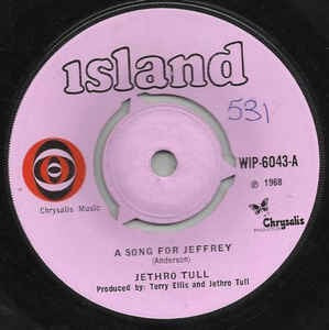 Image of Front Cover of 7" - G+/G - JETHRO TULL, A Song for Jeffrey / One for John Gee (Island Pink/Orange And Black Eye Logo; WIP6043, UK 1968, Company Sleeve, 3-Prong Centre), Centre Intact, Worn company sleeve, Mostly intact, Light marks and hairlines to disc. ,  - 2716104C