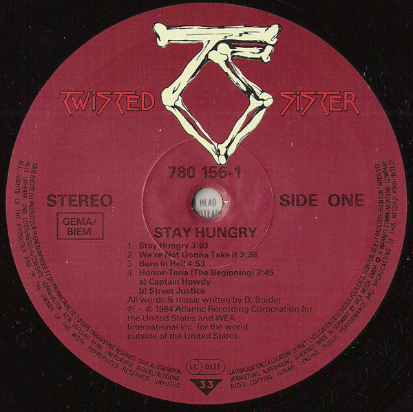 Image of Label Cover of LP - VG/VG+ - TWISTED SISTER, Stay Hungry (Atlantic; 780 156-1, UK & Europe 1984, Inner), ,  - 3526196E