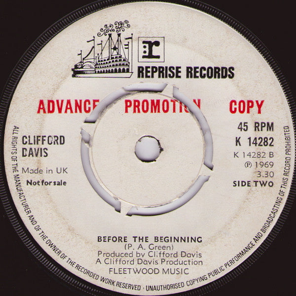 Image of Back Cover of 2523167E: 7" - CLIFFORD DAVIS, Man Of The World / Before The Beginning (Reprise Records ; K 14282, UK 1973, A Label Demo, Company Sleeve) Song Titles Hand Written On Sleeve  VG/VG+