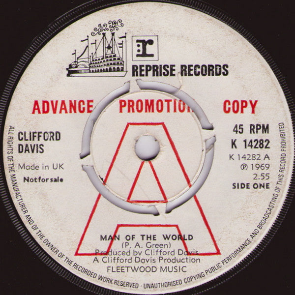 Image of Front Cover of 2523167E: 7" - CLIFFORD DAVIS, Man Of The World / Before The Beginning (Reprise Records ; K 14282, UK 1973, A Label Demo, Company Sleeve) Song Titles Hand Written On Sleeve  VG/VG+