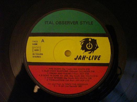 Image of Label Cover of 5024261E: LP - NINEY THE OBSERVER (VARIOUS ARTISTS), Ital... Observer Style (Jah Live; J. 9008, France 1983, Laminated Sleeve) Lightest of marks. Sleeve in cellophane (opened).  EX/VG+