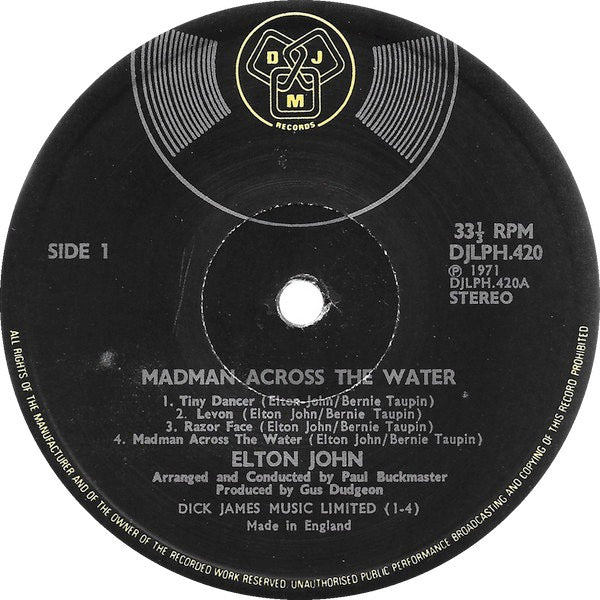 Image of Label Cover of LP - VG+/VG - ELTON JOHN, Madman Across the Water (DJM Black Yellow and Silver; DJH20420, UK 1971, Gatefold Textured Sleeve, Stapled In Bklet), ,  - 2726191E