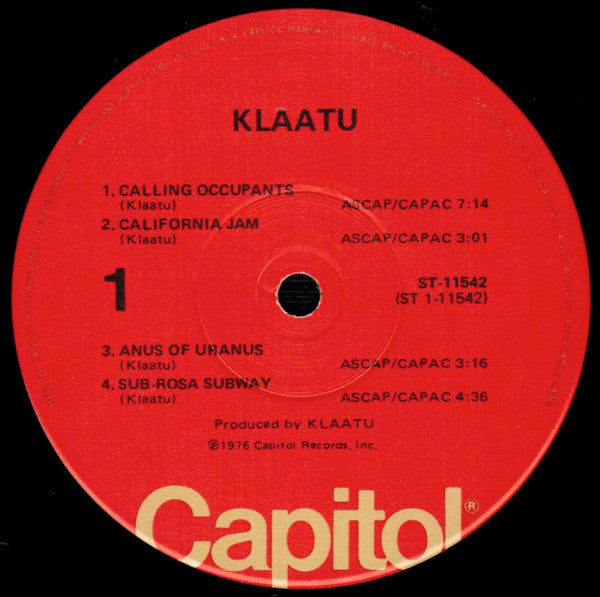 Image of Label Cover of 5024363E: LP - KLAATU, Klaatu (Capitol Records; ST-11542, US 1976, Inner, Winchester Pressing.)   VG+/VG