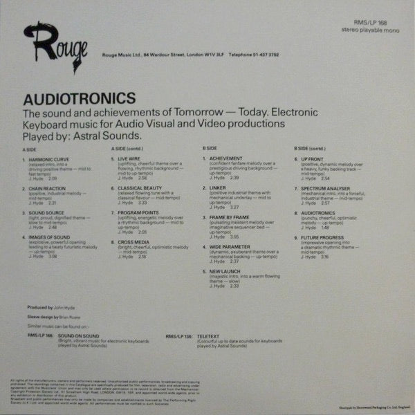 Image of Back Cover of LP - VG/VG+ - ASTRAL SOUNDS, Audiotronics (Rouge; RMS/LP 168, UK 1986), Ring Wear,  - 3946097S