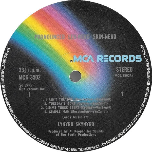 Image of Label Cover of LP - VG/G - LYNYRD SKYNYRD, pronounced leh-nerd skin-nerd (MCA Black Rainbow; MCG3502, UK 1974, Gatefold), Disc slightly warped, surface noise, hairlines. Heavy edge wear, spine unreadable, discolouration. ,  - 4246431S