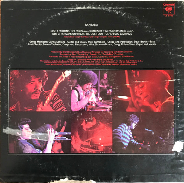 Image of Back Cover of LP - VG+/VG+ - SANTANA, Santana (Columbia; CS 9781, US 1970, Pitman Pressing), ,  - 2226110E