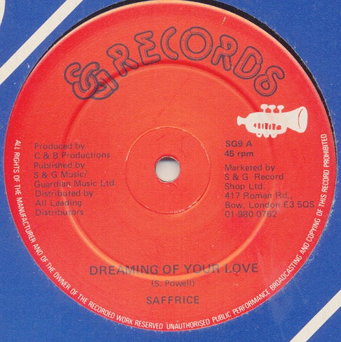 Image of Front Cover of 12" - VG/VG - SAFFRICE, Dreaming Of Your Love (S & G Records; SG9, UK 1980s, Reggae Disco 45 Sleeve), Light scuffs, plays great.,  - 2726211E