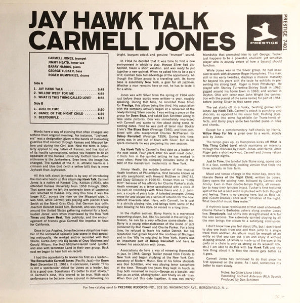 Image of Back Cover of LP - VG/VG+ - CARMELL  JONES, Jay Hawk Talk (Prestige; PR 7401, US Reissue, Pasteback Sleeve), Light marks, Plays well. Light sticker residue on sleeve.,  - 4226241E