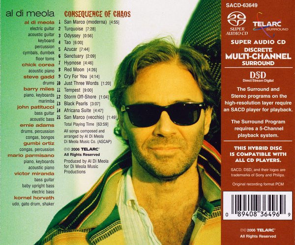 Image of Back Cover of SACD - EX/M - AL DI MEOLA, Consequence Of Chaos (Telarc; SACD-63649, US 2006, Hybrid, Multichannel), Still SEALED in stickered shrinkwrap. Small bit of dirt along the top under shrinkwrap.,  - 1916352C