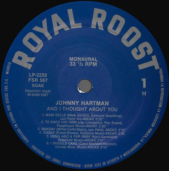 Image of Label Cover of 2523448E: LP - JOHNNY HARTMAN, And I Thought About You (Roost; SLP 2232, Spain 1987, Glossy Sleeve, Company Inner)   VG+/VG+