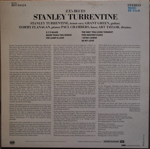Image of Back Cover of LP - VG+/VG+ - STANLEY TURRENTINE, Z.T.'s Blues (Blue Note; BST 84424, France 1985, Inner, Direct Metal Mastered), , Recorded at Van Gelder Studio, Englewood Cliffs, New Jersey on September 13, 1961.This material is previously unissued. - 4126007E