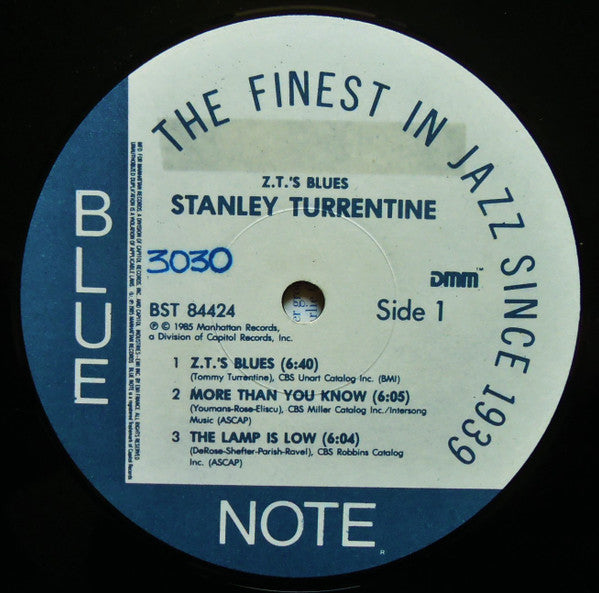 Image of Label Cover of LP - VG+/VG+ - STANLEY TURRENTINE, Z.T.'s Blues (Blue Note; BST 84424, France 1985, Inner, Direct Metal Mastered), , Recorded at Van Gelder Studio, Englewood Cliffs, New Jersey on September 13, 1961.This material is previously unissued. - 4126007E