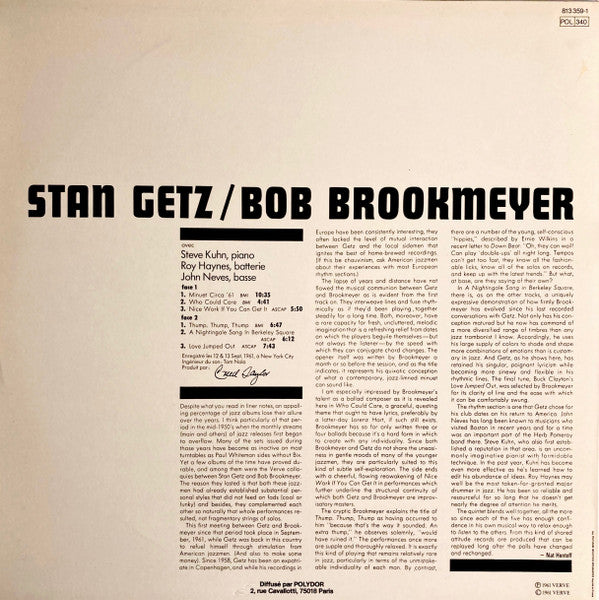 Image of Back Cover of LP - G+/VG - STAN GETZ & BOB BROOKMEYER, Recorded Fall 1961 (Verve Records; 813 359-1, France 1983 Reissue, Picture Sleeve, Stereo), ,  - 1826473E