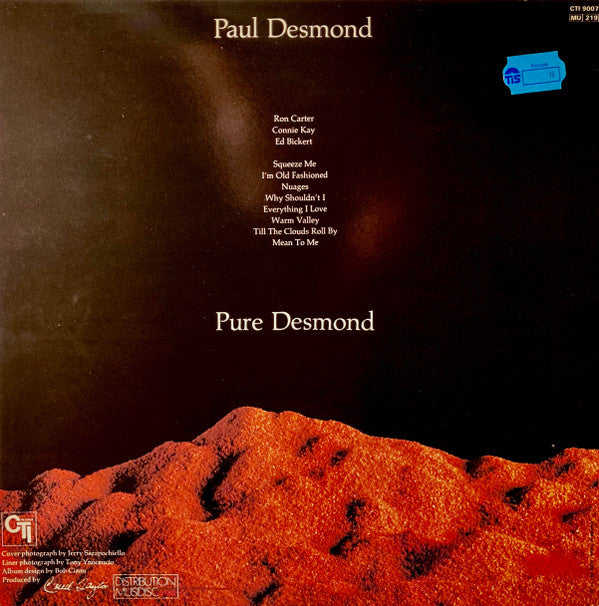 Image of Back Cover of LP - VG/EX - PAUL DESMOND, Pure Desmond (CTI Records ; CTI-9007, France 1984 Reissue), Sticker Has Removed Varnish,  - 2826168E