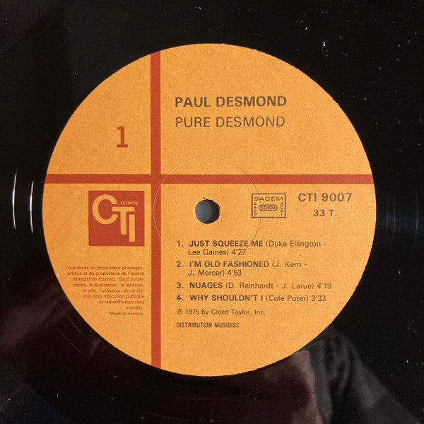 Image of Label Cover of LP - VG/EX - PAUL DESMOND, Pure Desmond (CTI Records ; CTI-9007, France 1984 Reissue), Sticker Has Removed Varnish,  - 2826168E