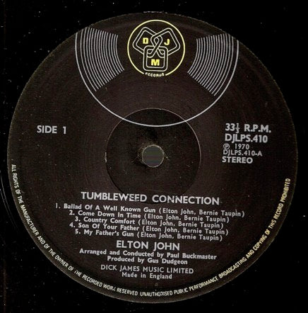 Image of Label Cover of LP - VG+/VG+ - ELTON JOHN, Tumbleweed Connection (DJM Black Yellow and White; DJLPS410, UK , Gatefold Textured Sleeve, Stapled In Booklet, Tranco Pressing, RPM on Both Labels), ,  - 4026196E