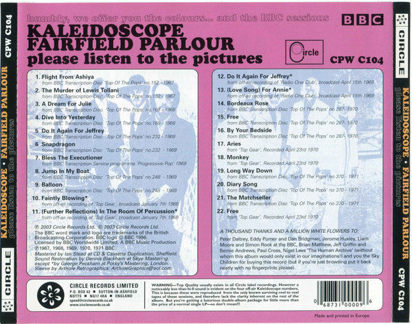 Image of Back Cover of CD - VG+/VG+ - KALEIDOSCOPE / FAIRFIELD PARLOUR, Please Listen To The Pictures (Circle Records; CPW C104, UK 2003, Jewel Case, Numbered ), Promo Stamp on Sleeve,  - 3336065E