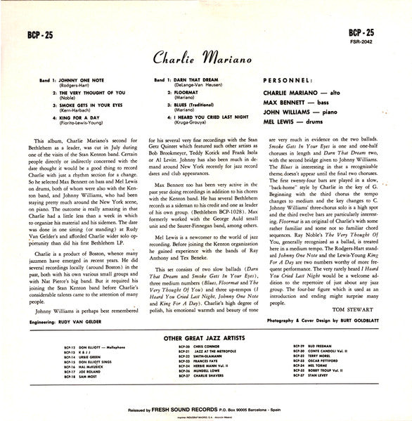 Image of Back Cover of LP - VG/G+ - CHARLIE MARIANO, Charlie Mariano (Bethlehem Records; BCP 25, Spain 1988 Reissue, Glossy Sleeve), Some edge wear on sleeve; scuffs and blemishes; evidence of old sticker on reverse,  - 0916485C