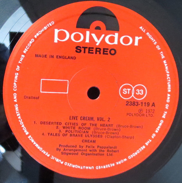 Image of Label Cover of 5115287C: LP - CREAM, Live Cream Volume II (Polydor; 2383-119, UK 1972)   VG/VG+