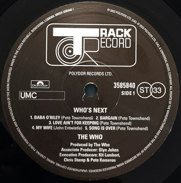 Image of Label Cover of 1854114S: LP - THE WHO, Who's Next (Polydor; 006024 3585840 1, Worldwide 2023, Insert, Remastered, 180g Vinyl)   NEW/NEW