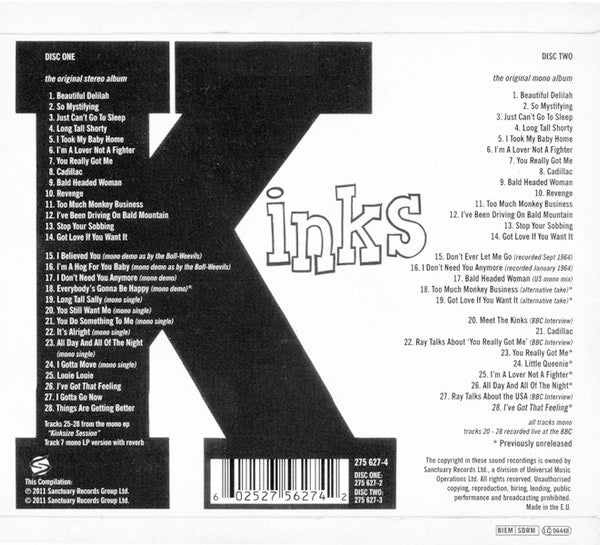 Image of Back Cover of 0336160E: 2xCD - THE KINKS, Kinks (Sanctuary; 275 627-4, UK & Europe 2014, Digipak, Deluxe Edition )   VG+/VG+