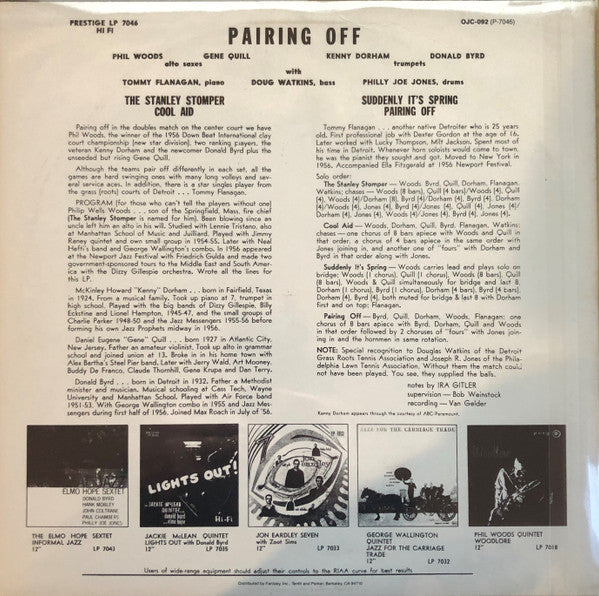 Image of Back Cover of 5144324S: LP - PHIL WOODS SEPTET, Pairing Off (Prestige; P-7046 / OJC-092, US 1984 Reissue) Light corner creasing, ringwear.   VG/VG+