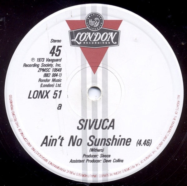 Image of Back Cover of 4925403E: 12" - SIVUCA, Ain't No Sunshine (London Records; LONX 51, UK 1984, Die Cut Sleeve) Light Marks only.  VG/G+