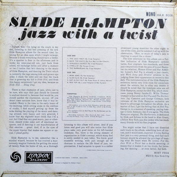 Image of Back Cover of 4144132S: LP - SLIDE HAMPTON, Jazz With A Twist (London Atlantic; HAK.8008, UK 1962, Flipback Sleeve, Company Inner) Creasing to laminate, large corner crease, discolouration.  G+/VG+