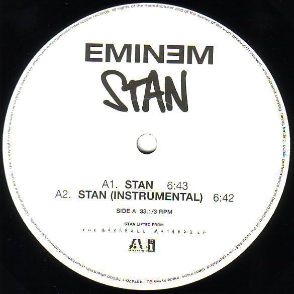 Image of Label Cover of 12" - VG/VG - EMINEM, Stan (Aftermath Entertainment; 497 470-1, UK 2000, Picture Sleeve), Light marks only. Light creasing around edge of sleeve and evidence of previous price sticker.,  - 2326080E