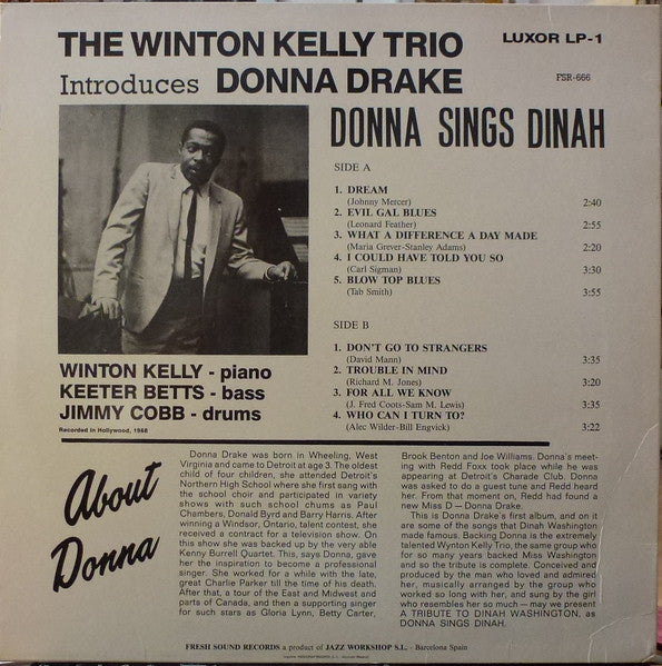 Image of Back Cover of LP - VG/EX - DONNA DRAKE, Donna Sings Dinah (Luxor Records; LP-1, Spain 1988 Reissue), Light wear to sleeve with evidence of previous price sticker.,  - 3646166S
