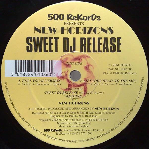 Image of Front Cover of 12" - /VG - NEW HORIZONS, Sweet DJ Release (500 ReKorDs; FHR 505, UK 1998), Scuffs and storage marks.,  - 2516070C