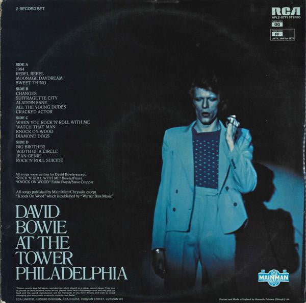 Image of Back Cover of 2xLP - VG/VG - DAVID BOWIE, David Live at the Tower Philadelphia (RCA Victor Orange, Stereo Text; APL2-0771 , UK 1974, Laminated Gatefold Sleeve, 2 Inners, Price Code GG and FF Til Jan 1975 on back of sleeve, Mainman Logo Only On Rear Sleeve), ,  - 2526140E