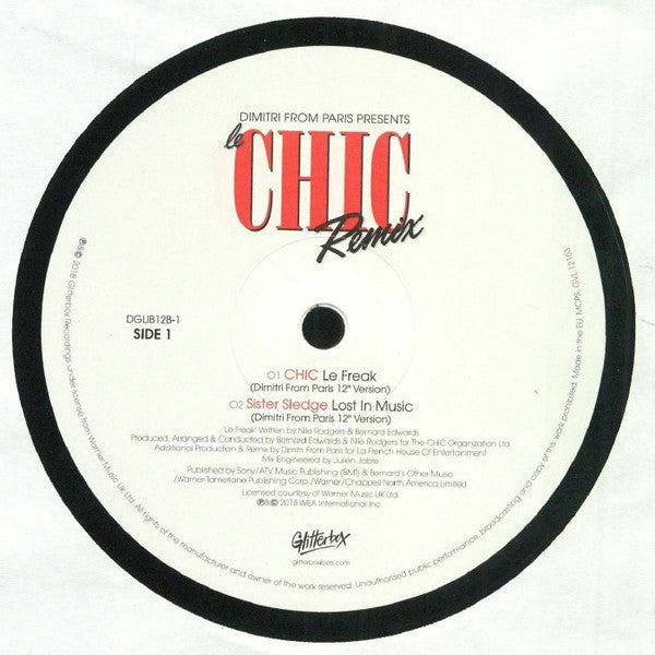 Image of Back Cover of 12" - VG/VG+ - DIMITRI FROM PARIS, Le Chic Remix (Glitterbox; DGLIB12B-1, UK 2019, Company Sleeve, Black Inner), Disc looks unplayed. Minor crease and tiny corner bumps to sleeve., A1 - Chic   Le Freak (Dimitri From Paris 12" Version)A2 - Sister Sledge   Lost In Music (Dimitri From Paris 12" Version)B1 - Chic   Le Freak (Dimitri From Paris Instrumental)B2 - Sister Sledge   Lost In Music (Dimitri From Paris Instrumental) - 3526008E