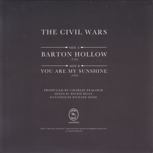 Image of Back Cover of 2853093S: 7" - THE CIVIL WARS, Barton Hollow (Sensibility Music; none, US 2011, Picture Sleeve, Limited Edition) Edge wear, crease to back of picture sleeve. Disc is strong VG+  VG/VG+