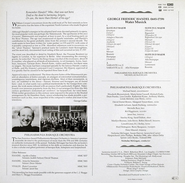 Image of Back Cover of 2823121E: LP - HANDEL, PHILHARMONIA BAROQUE ORCHESTRA, NICHOLAS MCGEGAN, Water Musick (Harmonia Mundi France ; HMU 7010, US 1988)   VG+/EX