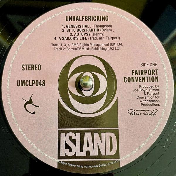 Image of Label Cover of LP - NEW/NEW - FAIRPORT CONVENTION, Unhalfbricking (UMC; UMCLP048, Europe 2023 Reissue), , Unhalfbricking, released in 1969, was a transitional album for Fairport Convention, as Ian Matthews left midway. The band incorporated British folk traditions, with Dave Swarbrick's fiddle adding to their British style. Despite being a classic, Unhalfbricking showcases some of the band's finest material, including Dylan's Percy's Song, A Sailor's Life, and Sandy Denny's composition in Who Knows