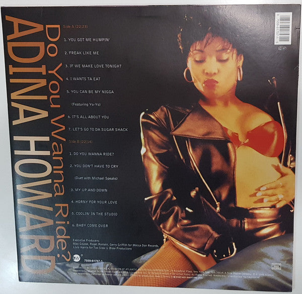 Image of Back Cover of LP - VG/G+ - ADINA HOWARD, Do You Wanna Ride? (EastWest Records America; 7559-61757-1, Germany 1995, Inner), Edge wear and sticker damage to sleeve. Disc has lots of light marks.,  - 3316262C