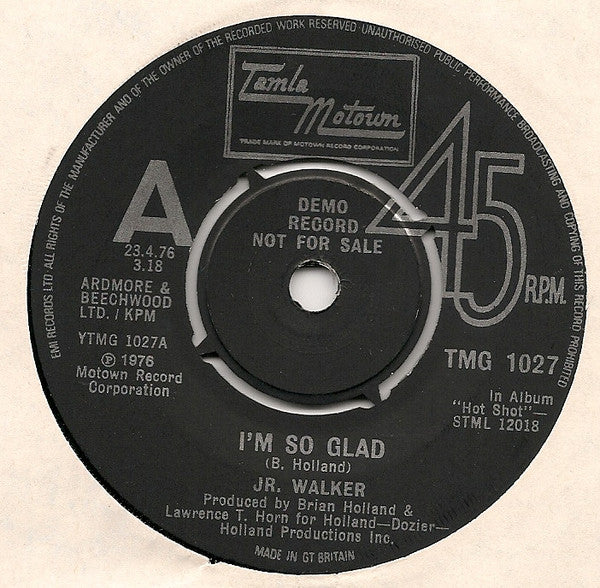 Image of Front Cover of 7" - G/VG - JR. WALKER, I'm So Glad / Dancin' Like They Do On Soul Train (Tamla Motown; TMG 1027, UK 1976, Promo, Company Sleeve), Centre intact; a few notable marks on record. Sleeve worn, scuffed, with rip at bottom, creasing, staining,  - 2816171C