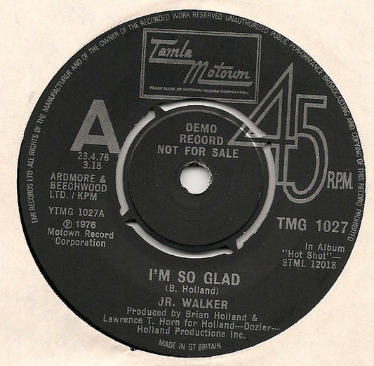 Image of Front Cover of 7" - G/VG - JR. WALKER, I'm So Glad / Dancin' Like They Do On Soul Train (Tamla Motown; TMG 1027, UK 1976, Promo, Company Sleeve), Centre intact; a few notable marks on record. Sleeve worn, scuffed, with rip at bottom, creasing, staining,  - 2816171C