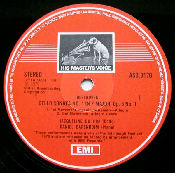 Image of Label Cover of 3xLP - VG/VG - JACQUELINE DU PRE, DANIEL BARENBOIM, Beethoven: The Five Cello Sonatas "Magic Flute" And "Judas Maccabaeus" Variations (HMV Red, B&W Nipper Box; SLS 5042, UK 1976, Box Set, Booklet), ,  - 0726355E