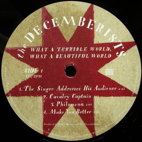 Image of Label Cover of 2xLP - VG/VG - THE DECEMBERISTS, What A Terrible World, What A Beautiful World (Rough Trade; RTRADLP756, Europe 2015, Gatefold, 2 Inners, 180 Gram Vinyl, Side D Etched), A few light hairlines, Sticker damage to rear sleeve,  - 3716198C