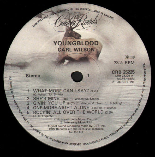 Image of Label Cover of 2644187S: LP - CARL WILSON, Youngblood (Caribou Records ; CRB 25225, UK 1983, Insert)   VG/VG+