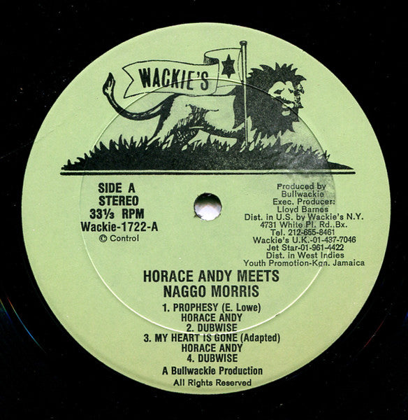 Image of Front Cover of 4814508C: 10" Mini-Album - HORACE ANDY / NAGGO MORRIS, Horace Andy Meets Naggo Morris (Wackie's; Wackie-1722, US 1983, Plain Sleeve, Mini-Album) Mainly light marks. Labels damaged, liquid stained, with writing on them  /VG