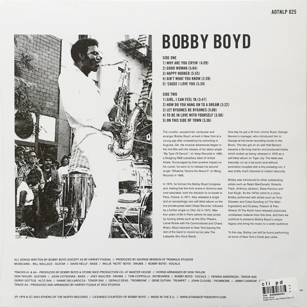 Image of Back Cover of 1454050S: LP - BOBBY BOYD, Bobby Boyd (Athens Of The North; AOTNLP025, Europe 2023 Reissue)   NEW/NEW