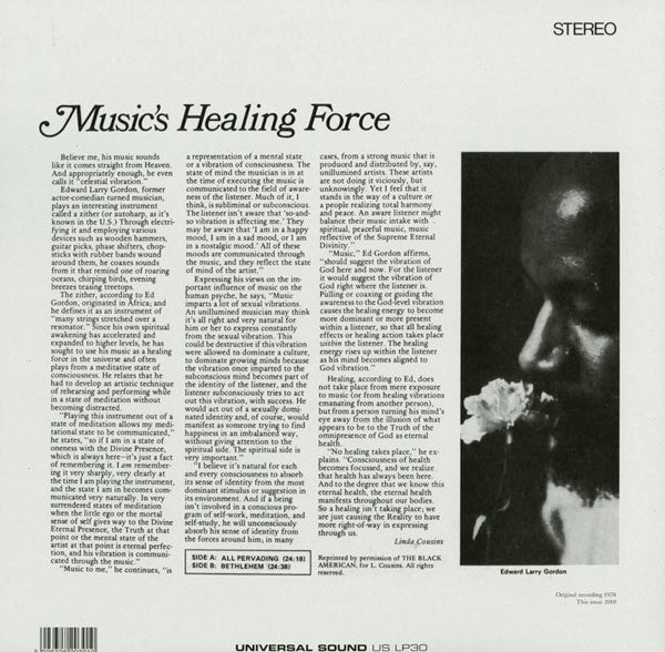 Image of Back Cover of 4825278E: LP - EDWARD LARRY GORDON, Celestial Vibration (Universal Sound; US LP30, UK 2010 Reissue)   VG+/VG+