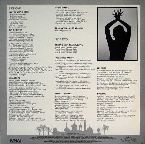 Image of Back Cover of 5024051E: LP - SHEILA CHANDRA, Out On My Own (Indipop; SCH 1, Scandinavia 1984)   VG+/EX